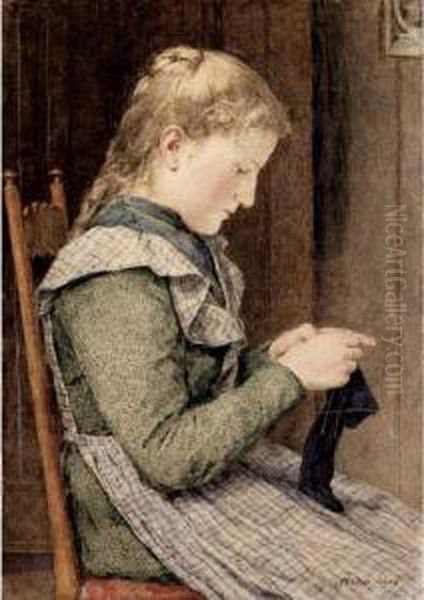 Strickendes Madchen, 1905 
Girl Knitting, 1905 Oil Painting by Albert Anker