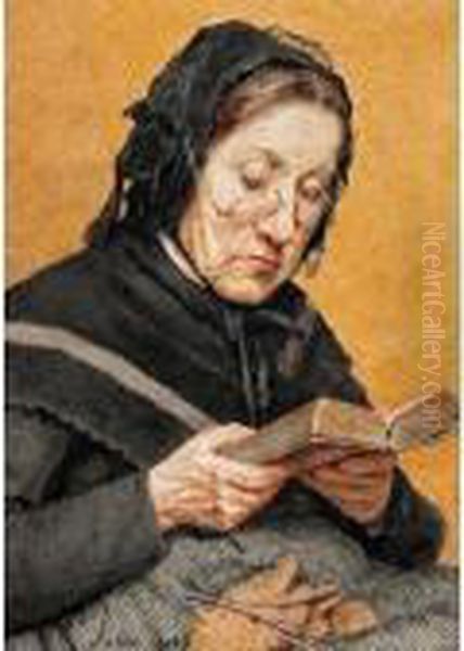 A Peasant Woman Reading Oil Painting by Albert Anker