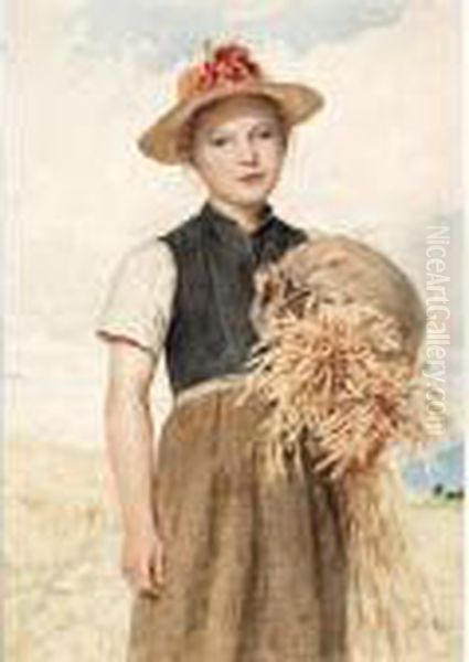 Girl With Sheaves Oil Painting by Albert Anker