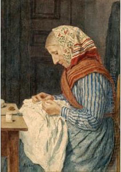 A Farmer's Wife, Sewing Oil Painting by Albert Anker