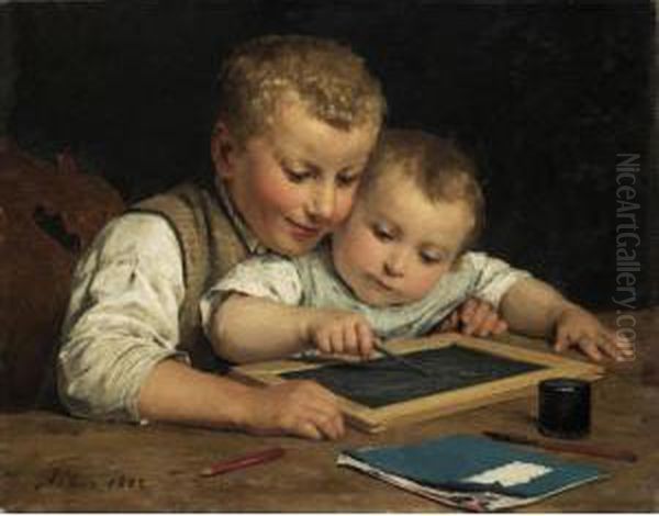 Zwei Kinder Mit Schiefertafel Two Children With A Slate Board Oil Painting by Albert Anker