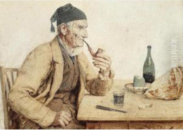 Peasant With A Pipe Sitting At A Table Oil Painting by Albert Anker