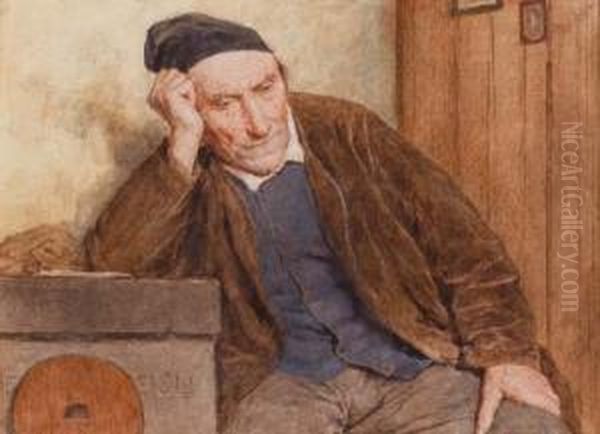 Sinnierender Bauer. 1904. Oil Painting by Albert Anker