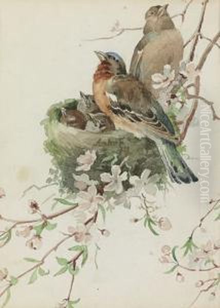 Vogelpaar Mit Drei Jungen Im Nest Auf Einem Obstbaumzweig. Oil Painting by Albert Anker