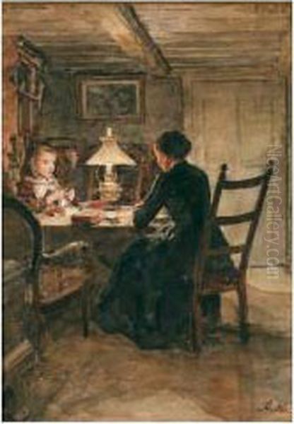 Interieur Bei Lampenschein Oil Painting by Albert Anker