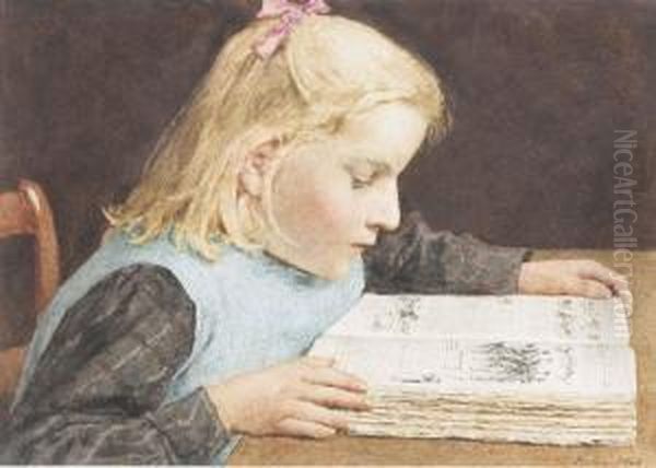 Blondhaariges Madchen Mit Schurze, In Ein Buch Vertieft. Oil Painting by Albert Anker