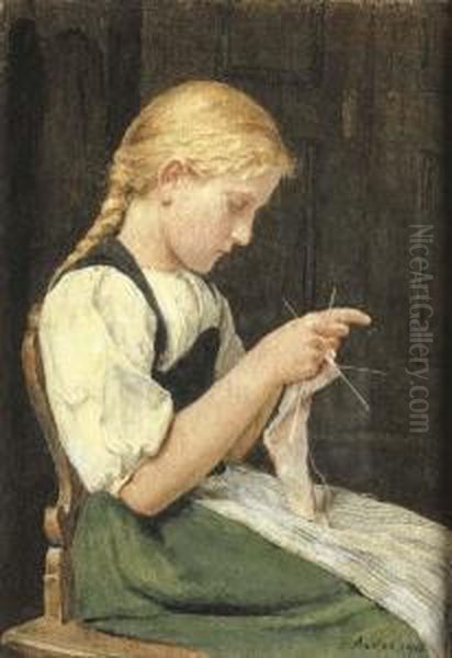 Strickendes Madchen Oil Painting by Albert Anker