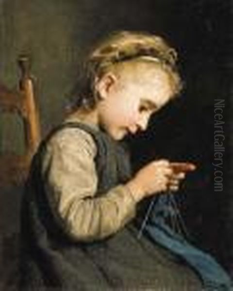 Roseli, Strickend Oil Painting by Albert Anker