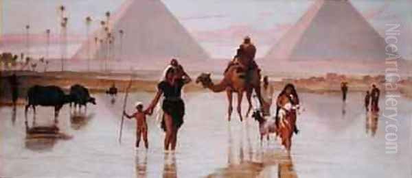 Arabs Crossing a Flooded Field by the Pyramids Oil Painting by Frederick Goodall