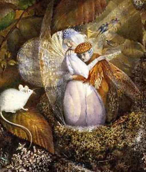 Fairy Lovers in a Birds Nest Watching a White Mouse by Frederick Goodall