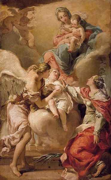 St Giustina and the Guardian Angel Commending the Soul of an Infant to the Madonna and Child 1792-93 Oil Painting by Gaetano Gandolfi