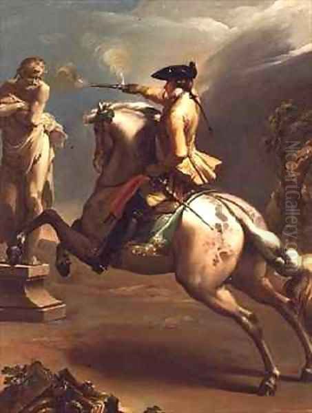 An Allegory A Young Horseman firing a pistol at a statue of an old man Oil Painting by Gaetano Gandolfi