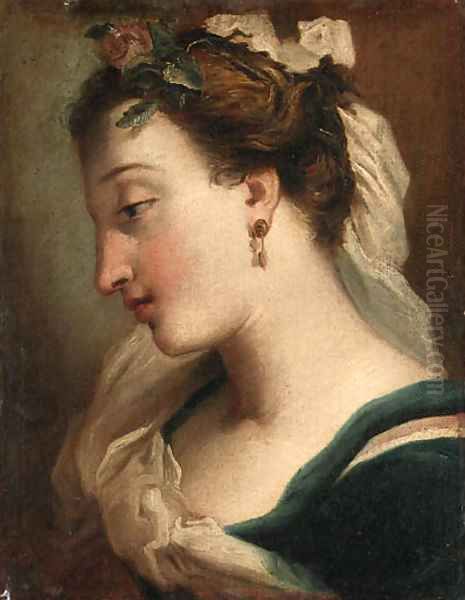 A girl, bust-length, in profile, with a rose in her hair Oil Painting by Gaetano Gandolfi