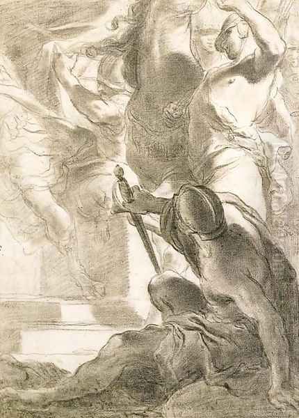 A seated soldier seen from behind, figures by a horse beyond Oil Painting by Gaetano Gandolfi