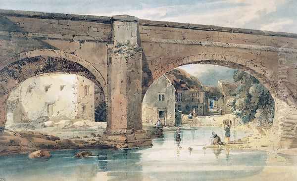 Wetherby Bridge, Yorkshire, looking through the bridge to the mills Oil Painting by Thomas Girtin