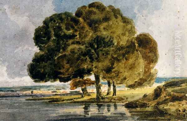 Trees On A Riverbank Oil Painting by Thomas Girtin