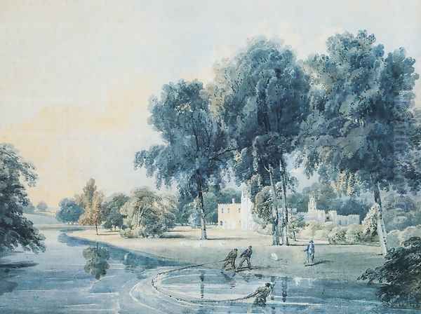 Chalfont House, Buckinghamshire, with fishermen netting the Broadwater Oil Painting by Thomas Girtin