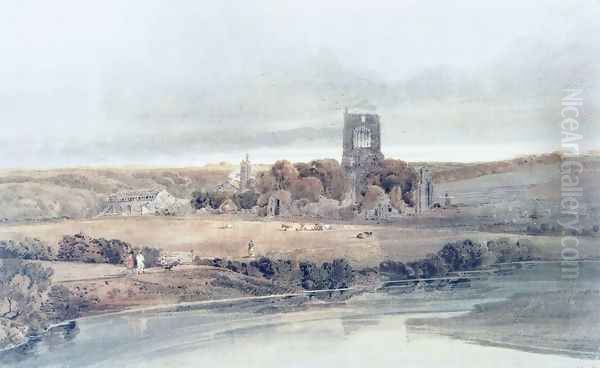 Kirkstall Abbey, Yorkshire, from the Bridge; Morning Oil Painting by Thomas Girtin