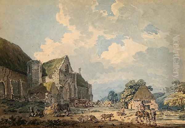 The Tithe Barn at Abbotsbury with the Abbey on the hill Oil Painting by Thomas Girtin