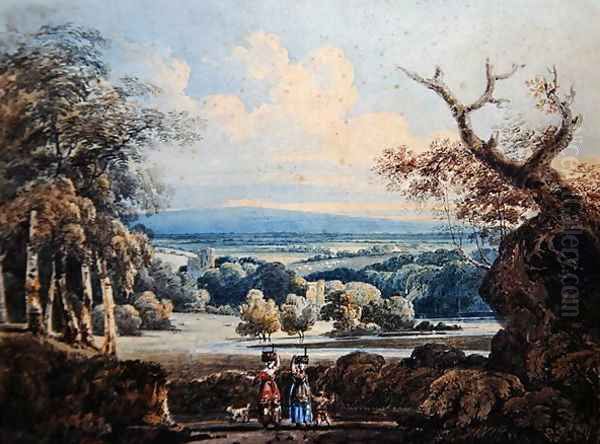 View of Arundel Castle with Countrywomen in the Foreground Oil Painting by Thomas Girtin