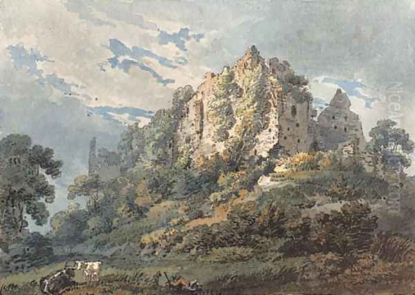 Okehampton Castle, Devon, with cattle and a herdsman in the foreground Oil Painting by Thomas Girtin