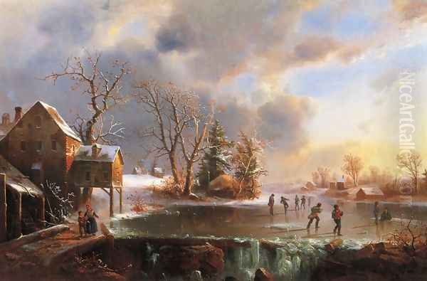 Skaters on a Frozen Pond Oil Painting by Marie-Regis-Francois Gignoux