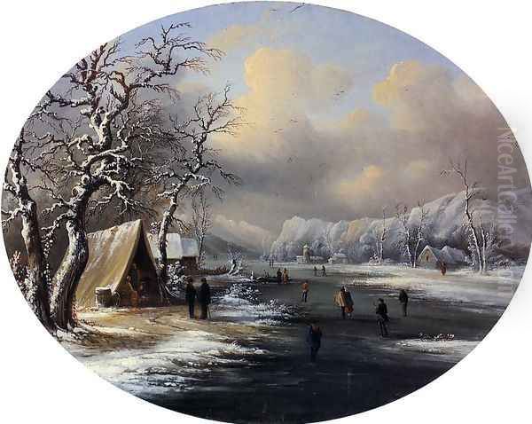 Skating on the Pond Oil Painting by Marie-Regis-Francois Gignoux