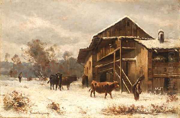 Winter on the Farm Oil Painting by Marie-Regis-Francois Gignoux