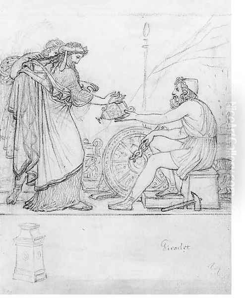 Anacreon receiving a Silver Vase from two standing Figures, with a study of a stele An Illustration to Anacreon's Ode XVII Oil Painting by Anne-Louis Girodet de Roucy-Triosson