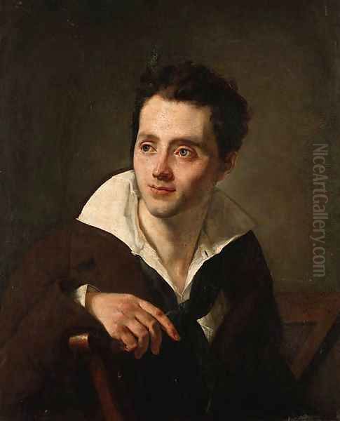 Portrait of a young man, half-length seated, in a white shirt and brown coat Oil Painting by Anne-Louis Girodet de Roucy-Triosson