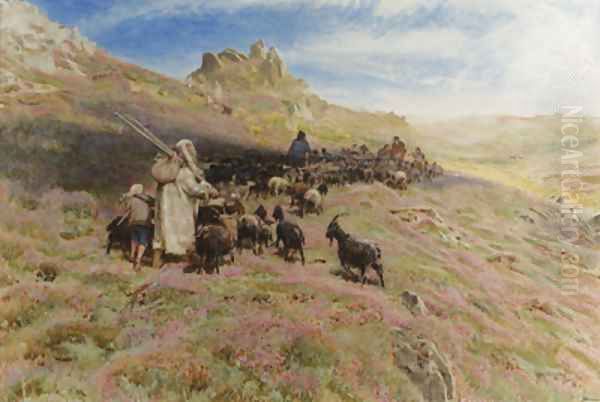 A shepherd with a flock of goats on a mountainside Oil Painting by Albert Goodwin