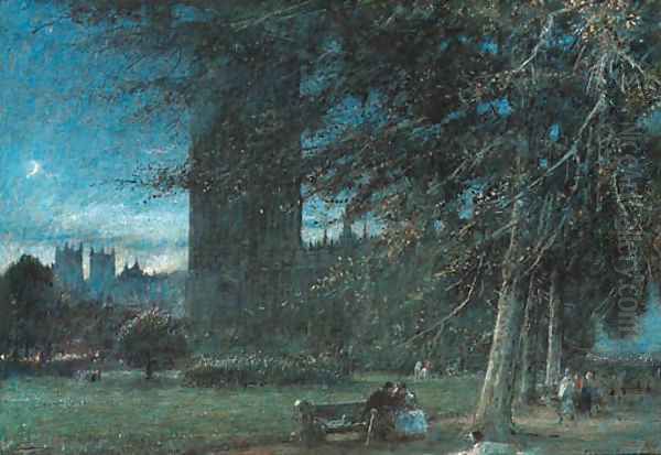 Figures seated on a bench, before the Houses of Parliament Oil Painting by Albert Goodwin