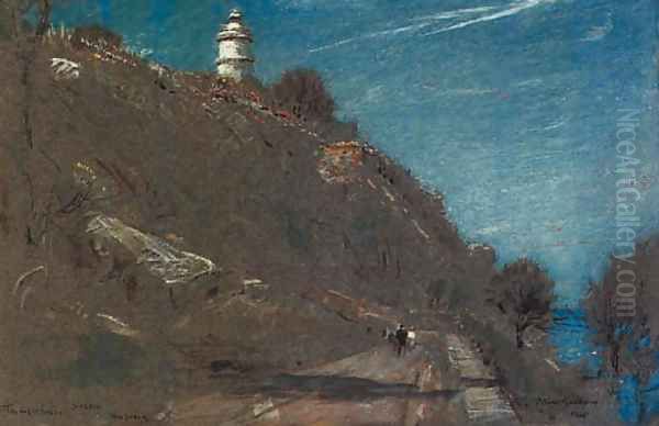 The lighthouse, Sollis, Majorca Oil Painting by Albert Goodwin