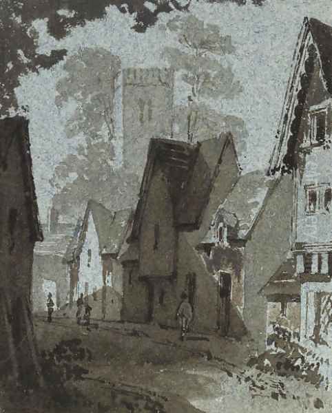 Figures outside Amberley Church Oil Painting by Albert Goodwin