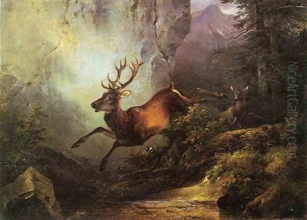 Deer Running through a Forest Oil Painting by Friedrich Gauermann