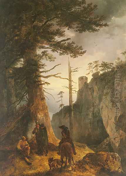 Jäger Vor Einer Köhlerhütte (Huntsmen Passing By The Charcoal Burner's Hut) Oil Painting by Friedrich Gauermann