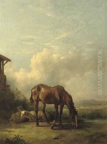 Sheep and a horse on a sunny afternoon Oil Painting by Friedrich Gauermann