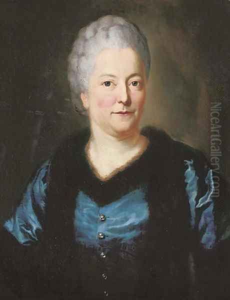 Portrait of Eva Charlotte Friederike, Gräfin von Einsiedel (1704-1758), half-length, in a blue silk dress trimmed with fur Oil Painting by Anton Graff