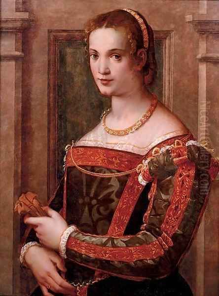 Portrait of a lady, half-length, in a green silk dress with gold trim, holding a glove Oil Painting by Michele di Ridolfo del Ghirlandaio (see Tosini)