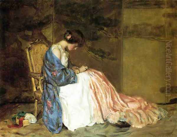 Girl Sewing - The Party Dress Oil Painting by William Wallace Gilchrist Jr.