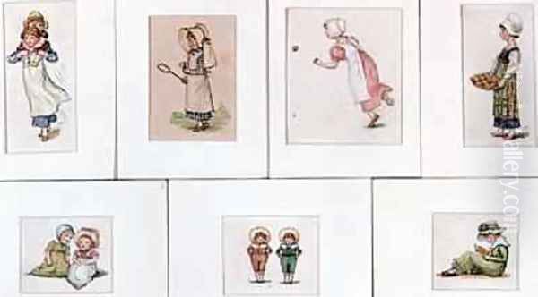 Collection of miniature watercolours of children playing Oil Painting by Kate Greenaway