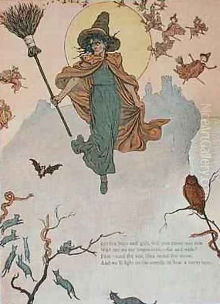 Little boys and girls will you come and ride with me on my broomstick Oil Painting by Kate Greenaway