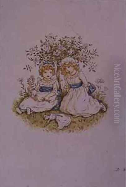 Two Girls with Dolls sitting under a rose bush Oil Painting by Kate Greenaway