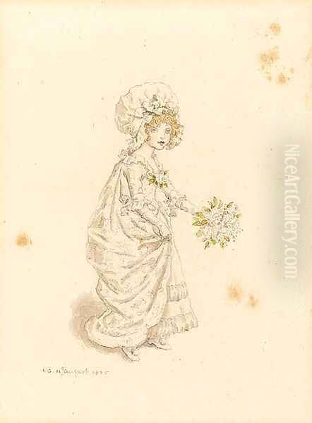 A young girl carrying a bouquet Oil Painting by Kate Greenaway