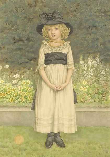 Study of a young girl in a garden, a border of nasturtiums and other plants beyond Oil Painting by Kate Greenaway