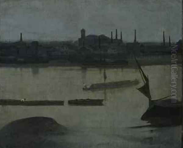 A Grey Day Battersea Oil Painting by Walter Greaves