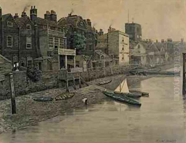 A Thames View Showing the Adam and Eve Tavern in Chelsea Oil Painting by Walter Greaves