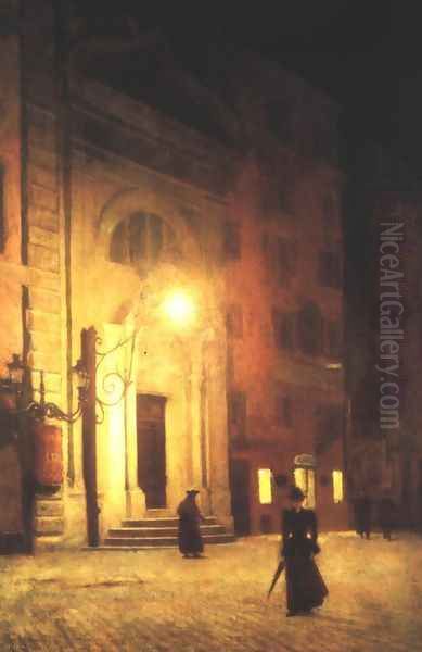 Street in Rome at Night Oil Painting by Aleksander Gierymski