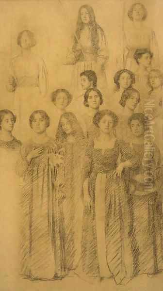 A study of female figures, one holding a lily Oil Painting by Thomas Cooper Gotch