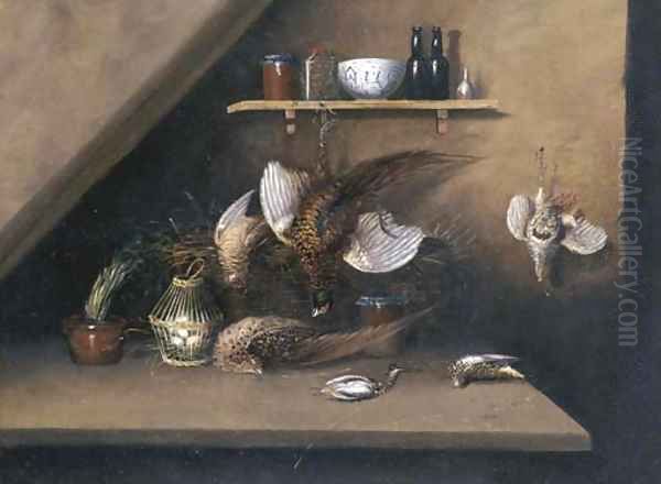 Still Life with dead Game and Bottles and Jars on Shelf Oil Painting by William Buelow Gould